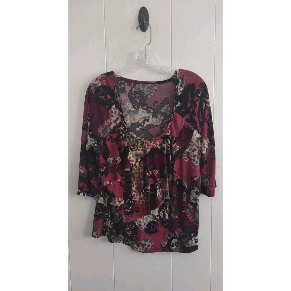 Women's Maroon Gold Ruffle Stretchy 3/4 Sleeve Top Size XL